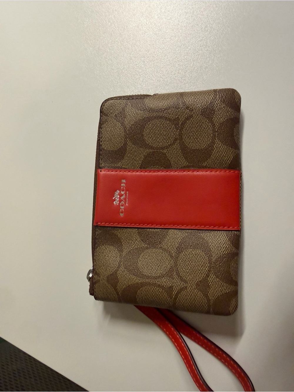 Coach Brown Signature Canvas Wristlet with Red Leather Accent